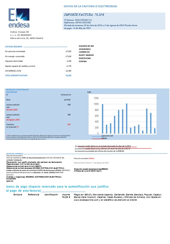 SPAIN ENDESA business utility bill Word and PDF template pages1 PSD template
